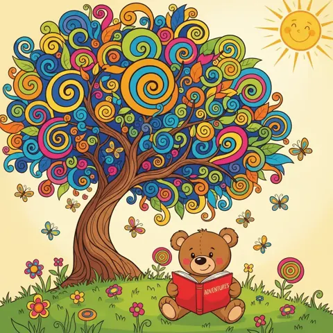 Teddy bear reading under a tree, 2D Cartoon style