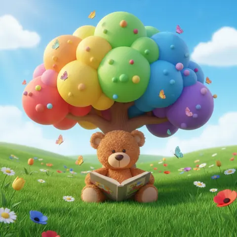 Teddy bear reading under a tree, 3D Cartoon style