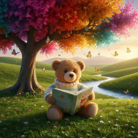 Teddy bear reading under a tree, 3D Realistic style
