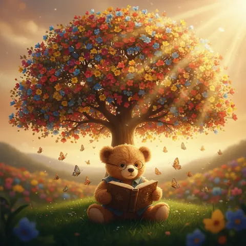 Teddy bear reading under a tree, Cinematic style