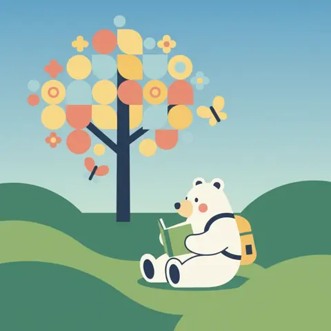 Teddy bear reading under a tree, Flat / Minimal style