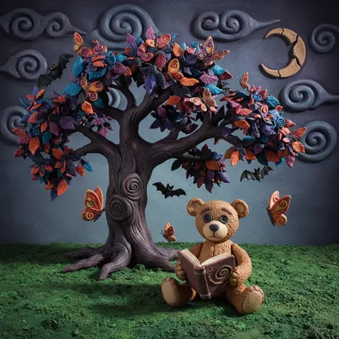 Teddy bear reading under a tree, Gothic Clay style