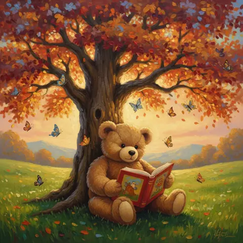 Teddy bear reading under a tree, Oil Painting style