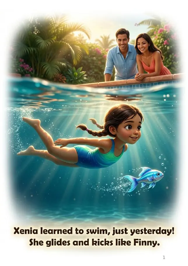 Page 1 of the example book "Xenia Swims for Family"