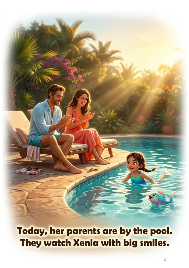 Page 2 of the example book "Xenia Swims for Family"