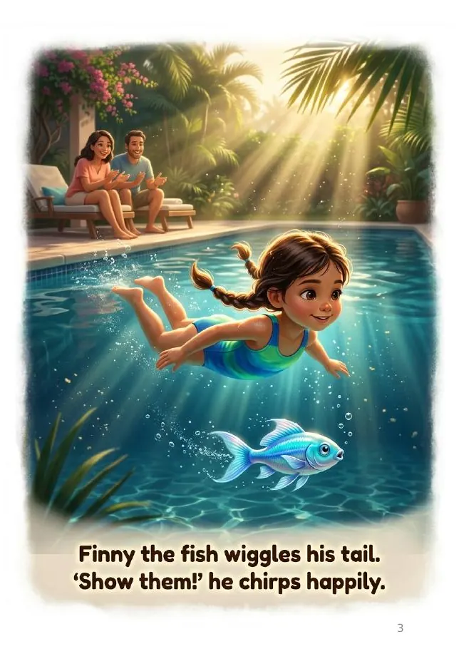 Page 3 of the example book "Xenia Swims for Family"