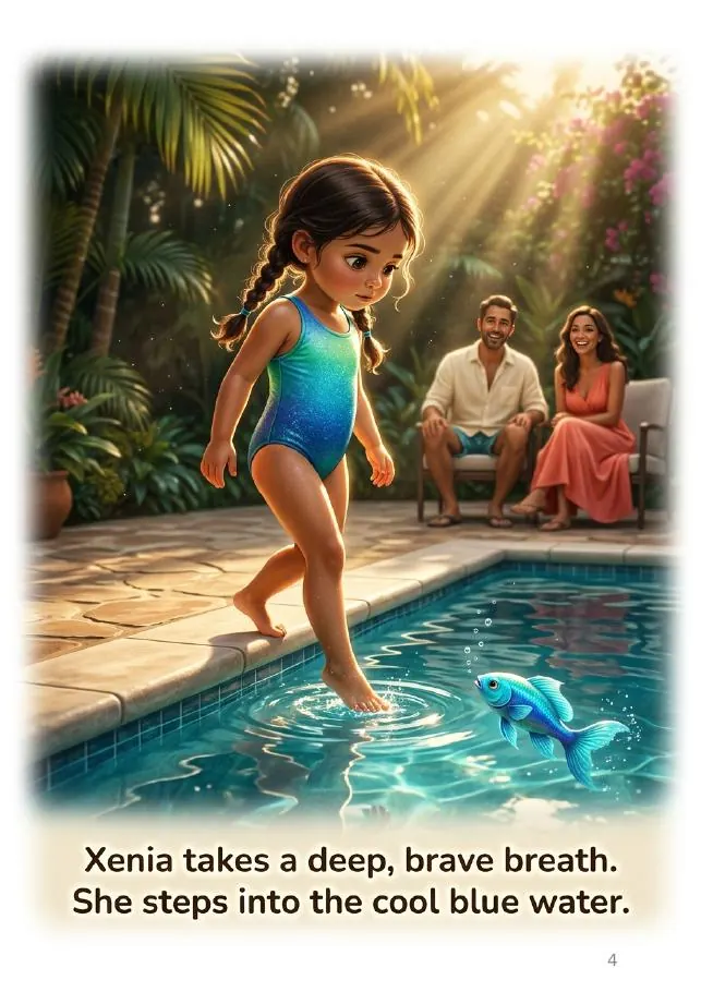Page 4 of the example book "Xenia Swims for Family"