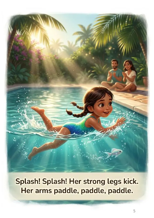 Page 5 of the example book "Xenia Swims for Family"