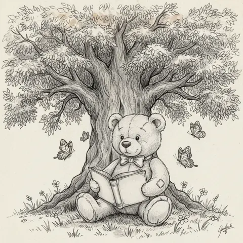 Teddy bear reading under a tree, Sketch style