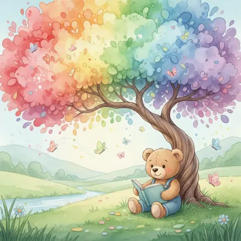 Teddy bear reading under a tree, Watercolor style